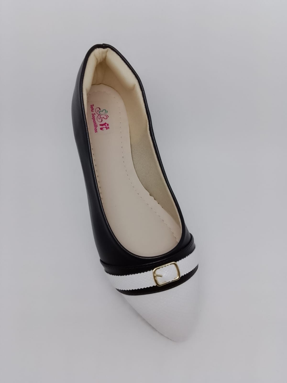 Sapatilha Confort Bicolor Preta Branco Bico Fino Enf. Fiv Cinto