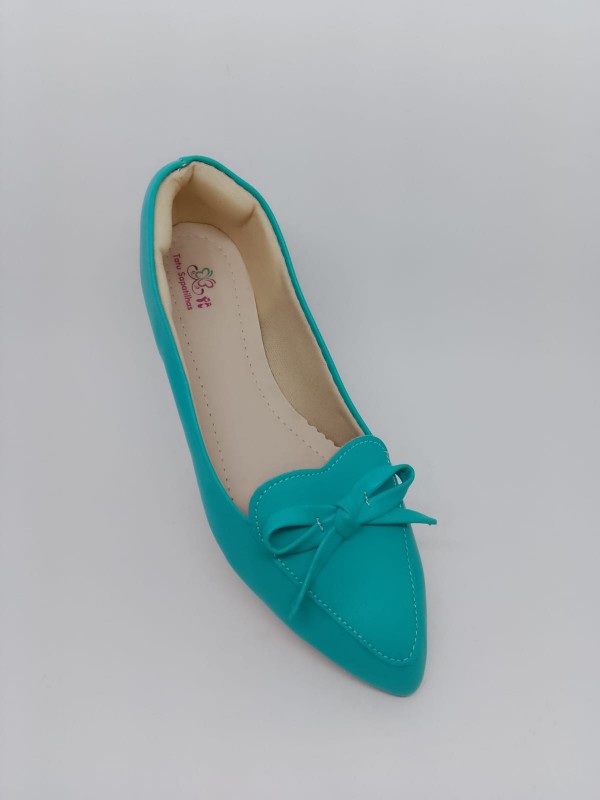 Sapatilha Mocassim Verde Água Fosco Bico Fino Enf. Coração Lacinho