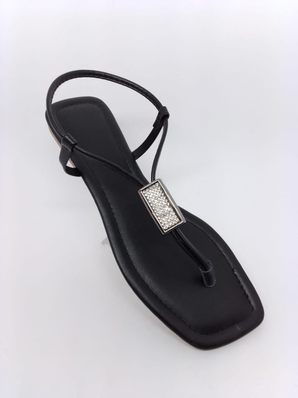 Rasteirinha Feminina Preta Dedinho Ping. Strass Bico Quadrado