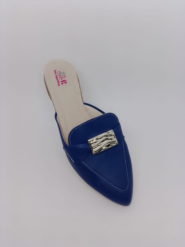 Mule Sapatilha Azul Fosco Bico Fino Enf. Fivela Prata