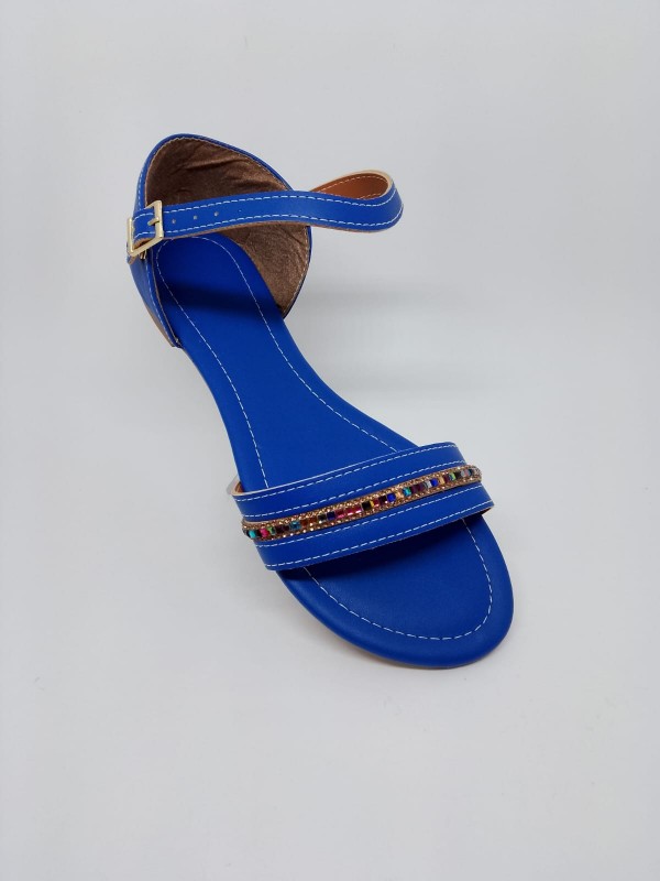 Rasteirinha Feminina Azul Royal Tira Strass Bico Redondo