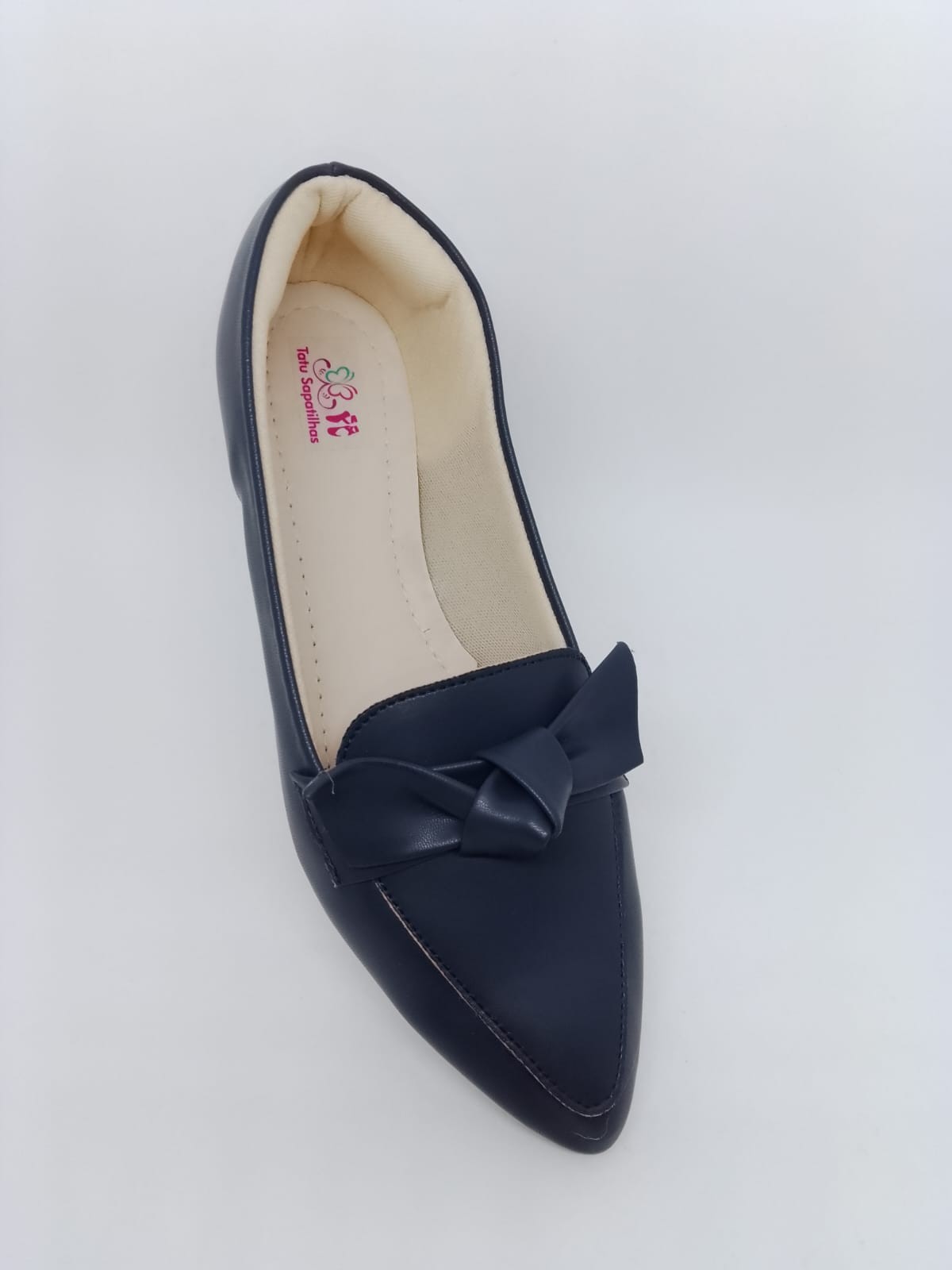Sapatilha Mocassim Azul Marinho Fosco Bico Fino Enfeite Laço VI