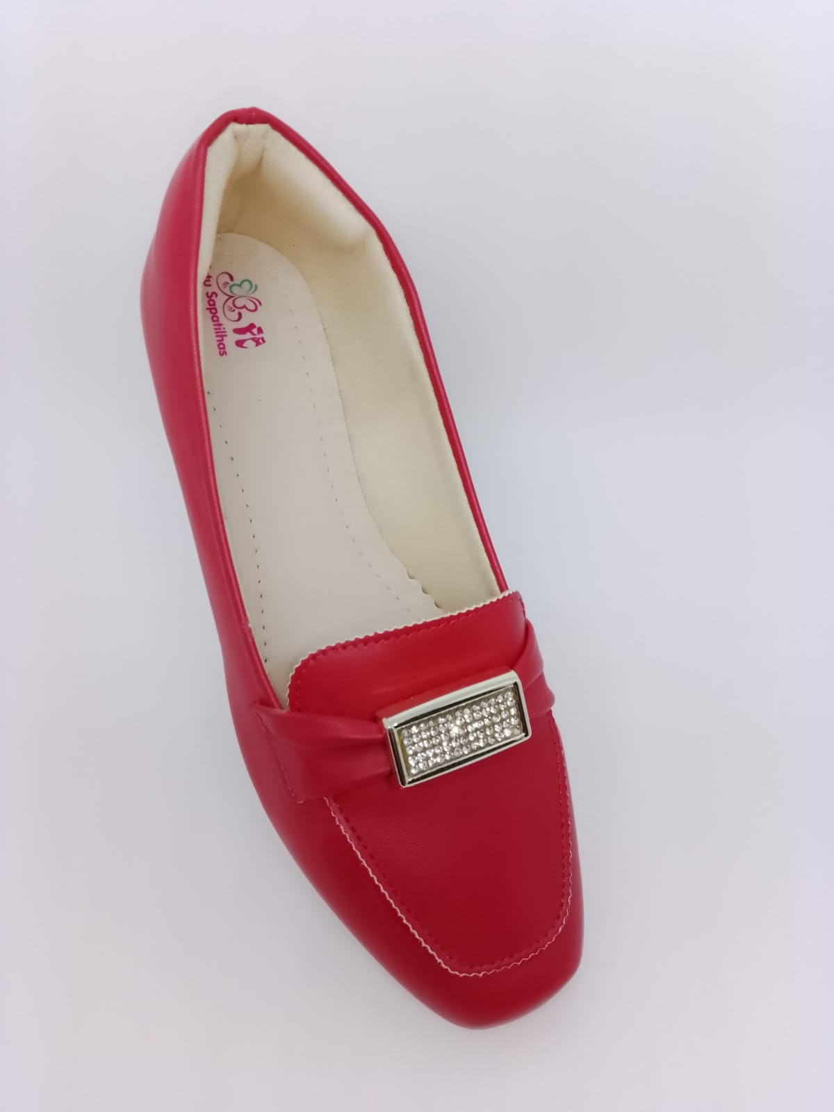 Sapatilha Mocassim Vermelho Fosco Bico Quad Enfeite Strass